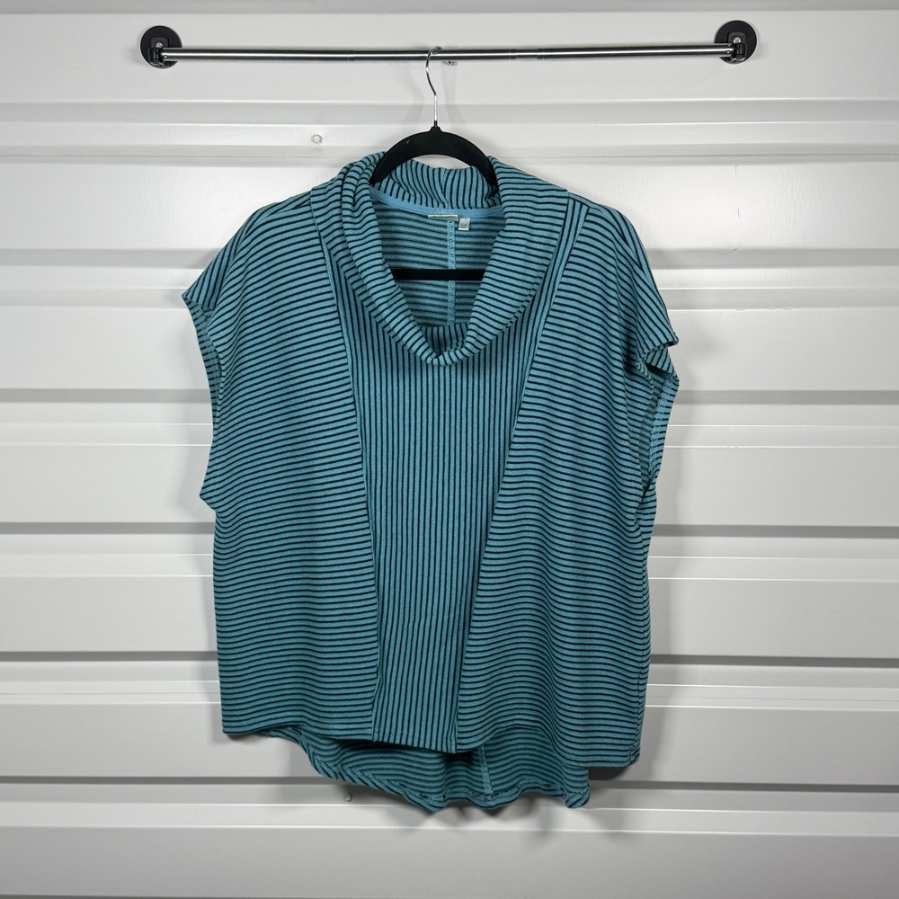 Kleen Womens Striped Cowl Neck Cap Sleeve Relaxed Knit Top Turquoise Black XS